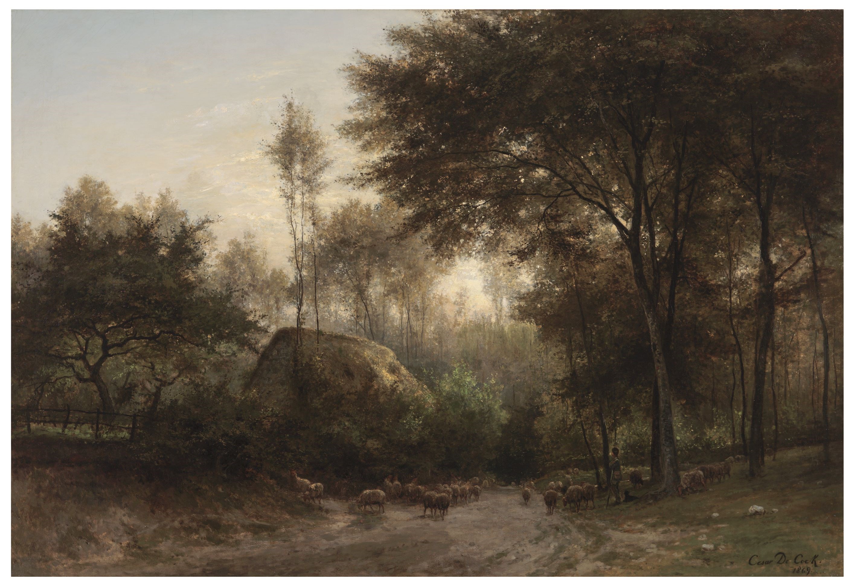 Shepherd with sheep near forest farm